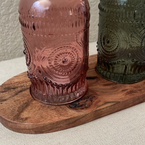 New! Artisan handmade hardwood oblong tray with 3 pressed glass vases - Picture 3 of 16